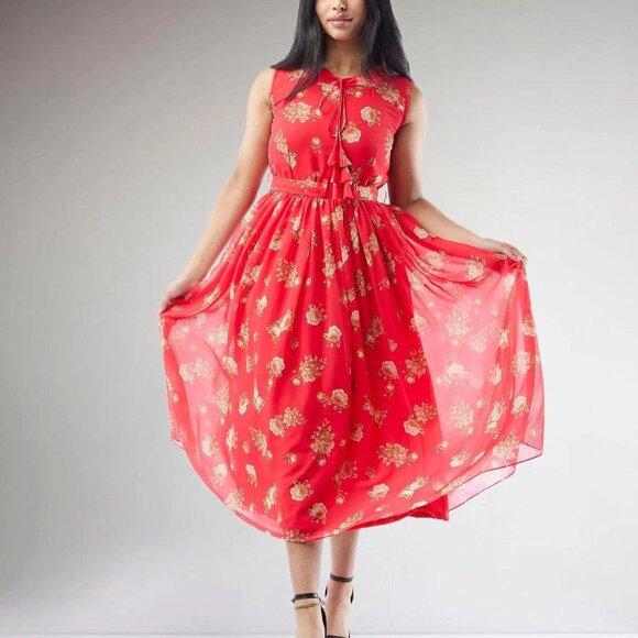 Red Printed Chiffon Knee-Length Dress | Muvvas Boutique - Picture 4 of 5